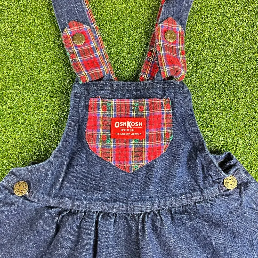 Vintage Y2K OshKosh B’Gosh Denim Jumper Overall Dress Red Plaid Toddler Sz 6x